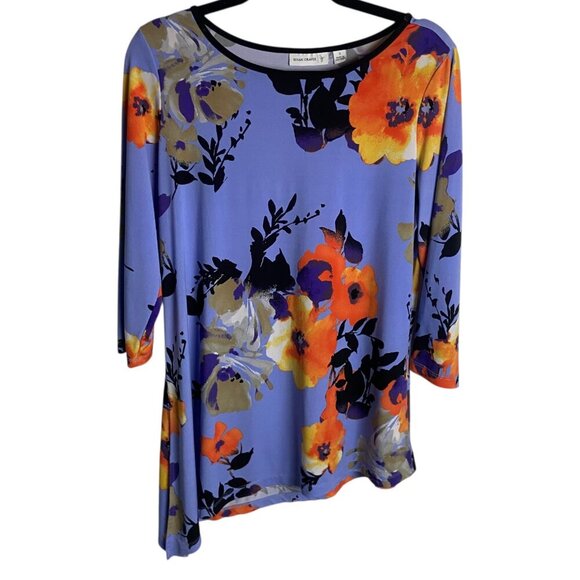 Susan Graver Size S Floral Printed Liquid Knit Asymmetrical Hem Tunic Top Blue - Picture 2 of 9